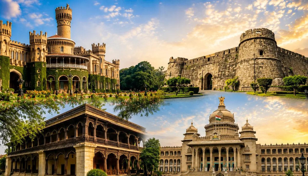 Collage of four Indian landmarks: a ornate palace with towers, a medieval fortress wall, a colonial wooden pavilion, and a domed government building with an Indian flag at sunset.