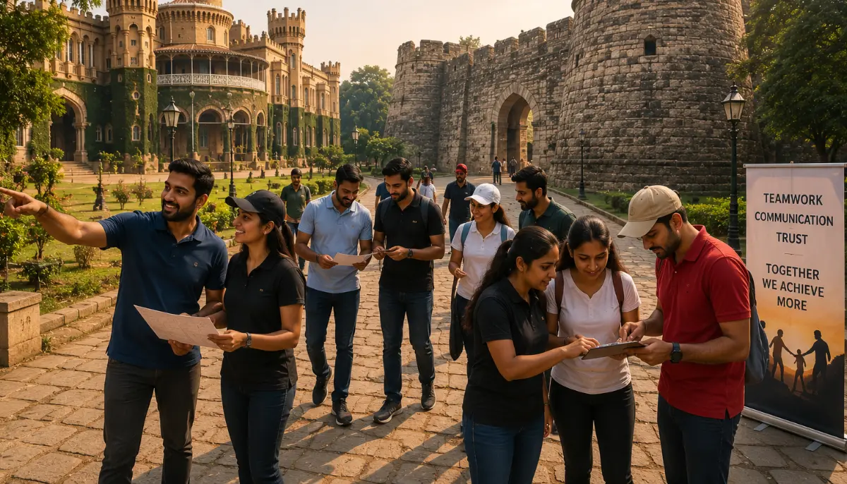 Group of coworkers examining papers in a historic castle courtyard, with a man pointing toward something in the distance.
