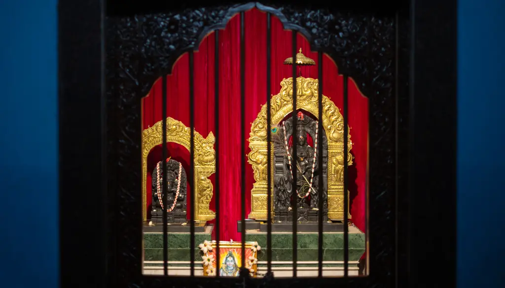Two dark Hindu idols seated on gold-ornate pedestals behind vertical bars, with a red curtain backdrop in a shrine.