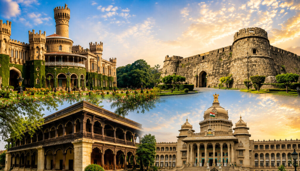 Collage of four Indian landmarks: a ornate palace with towers, a medieval fortress wall, a colonial wooden pavilion, and a domed government building with an Indian flag at sunset.