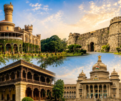 Collage of four Indian landmarks: a ornate palace with towers, a medieval fortress wall, a colonial wooden pavilion, and a domed government building with an Indian flag at sunset.
