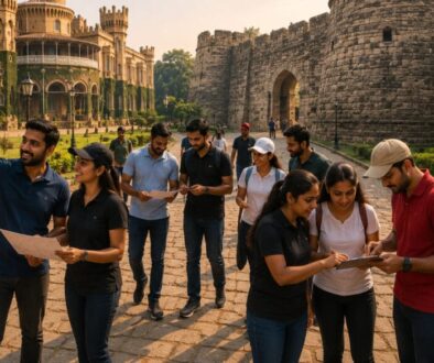 Group of coworkers examining papers in a historic castle courtyard, with a man pointing toward something in the distance.