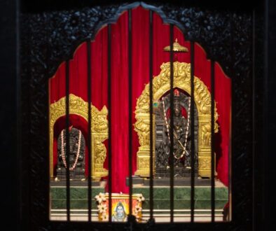 Two dark Hindu idols seated on gold-ornate pedestals behind vertical bars, with a red curtain backdrop in a shrine.